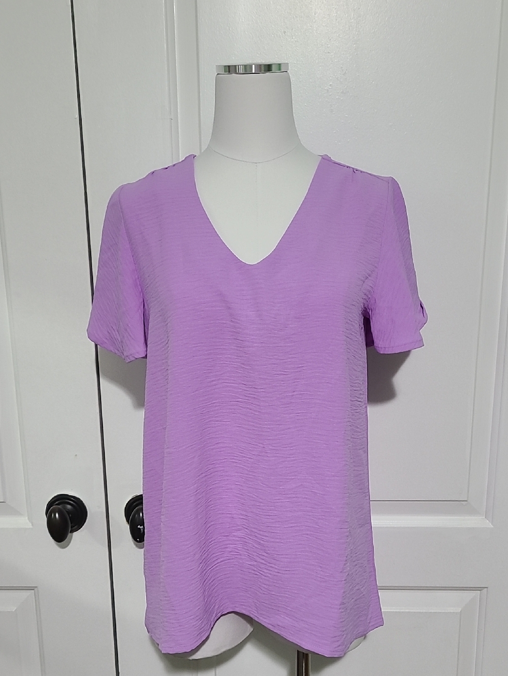 Zenana Lavender Crinkle Fabric Flutter Sleeve V Neck Blouse